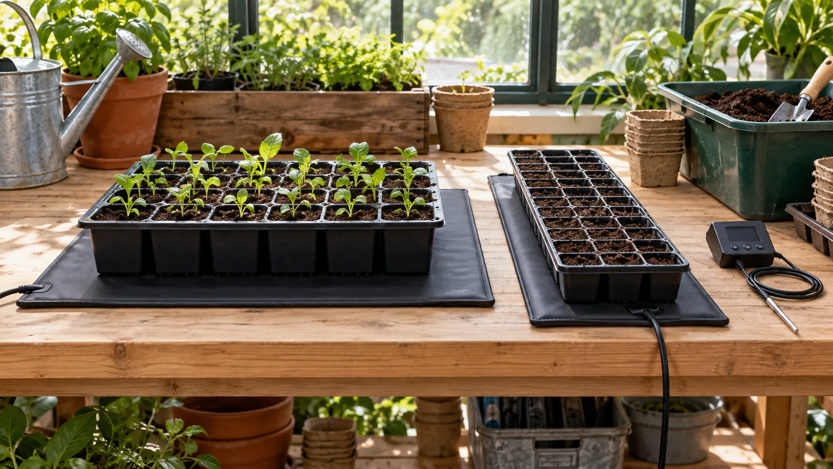 seedling heat mat layout with two black mats beneath seed-start trays and a separate digital temperature controller on a workbench.