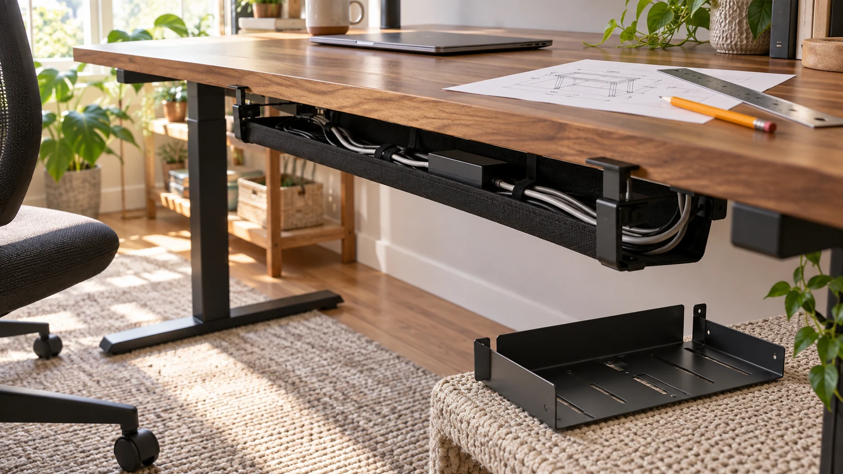 An under-desk cable tray setup with a clamped fabric tray, a separate metal tray and desk measurements.