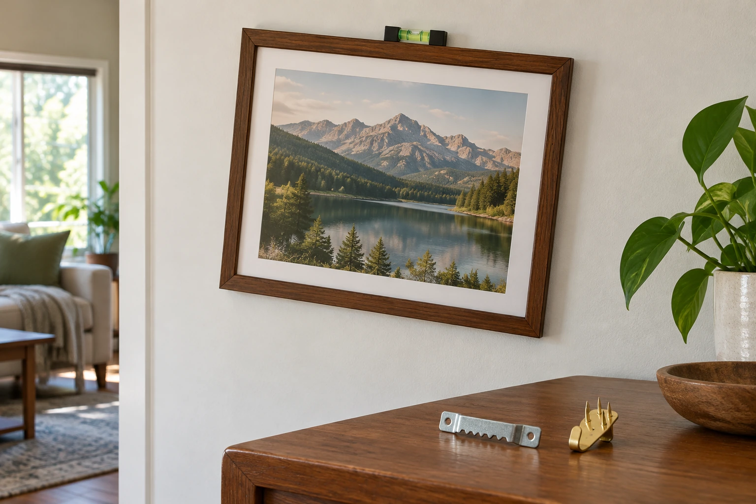 why a wall picture frame keeps tilting after hanging shown by a slightly crooked frame, level and two hardware forms.