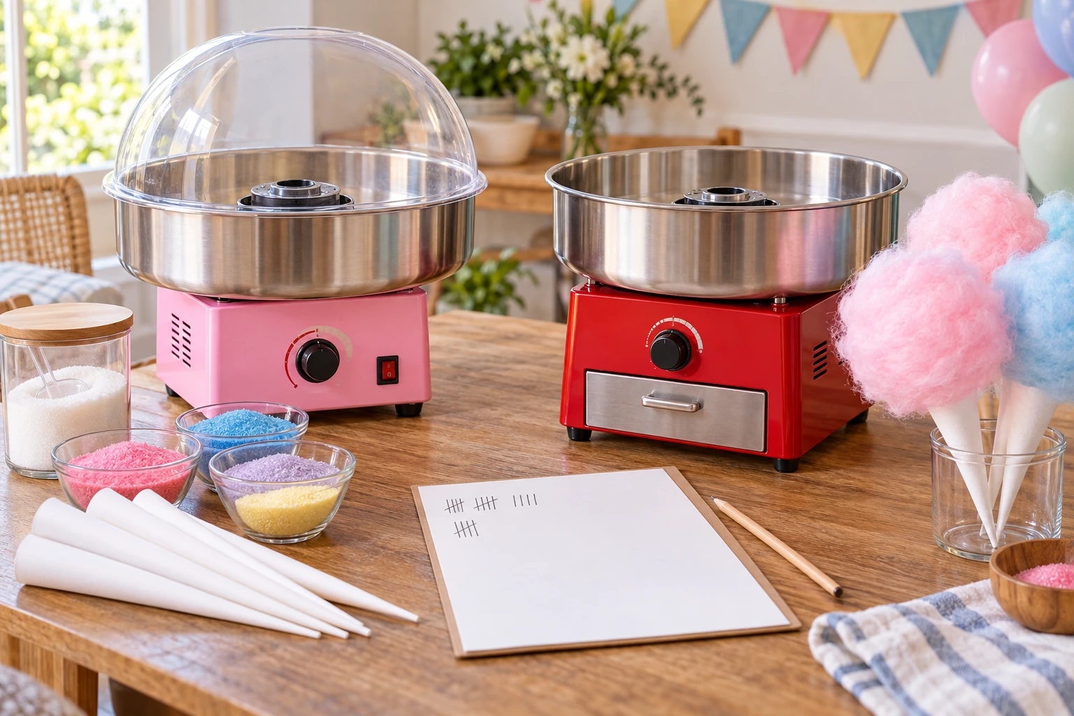 cotton candy machine cost planning worksheet beside two distinct bowl-and-base machine layouts and counted party servings.