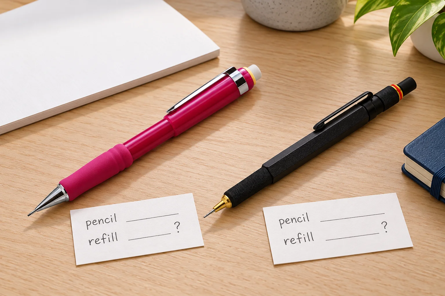 Mechanical pencil not feeding: compare pencil and refill identity notes beside two intact mechanical pencils before attempting a repair.