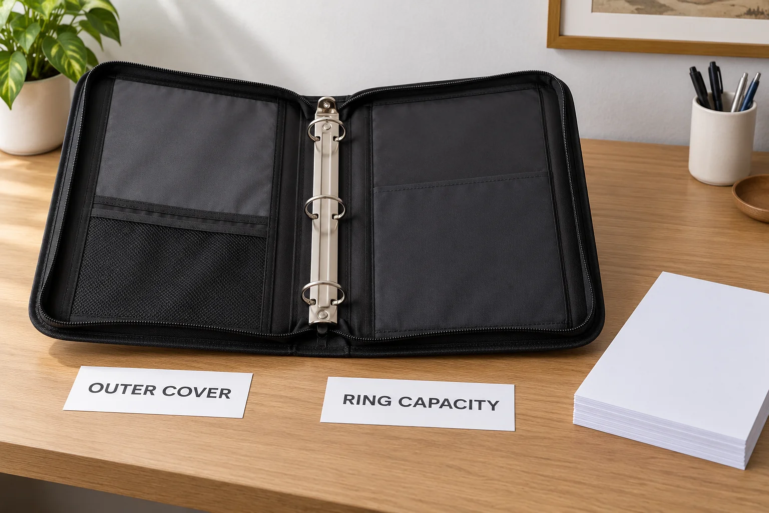 Zipper binder won't close separates the whole zippered cover from ring hardware and stored contents, without a repair or packing demonstration.