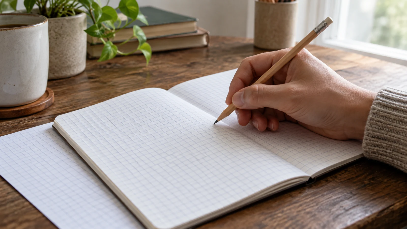 missing spreadsheet values: A hand holds a pencil over an open squared-paper notebook on a wooden desk.