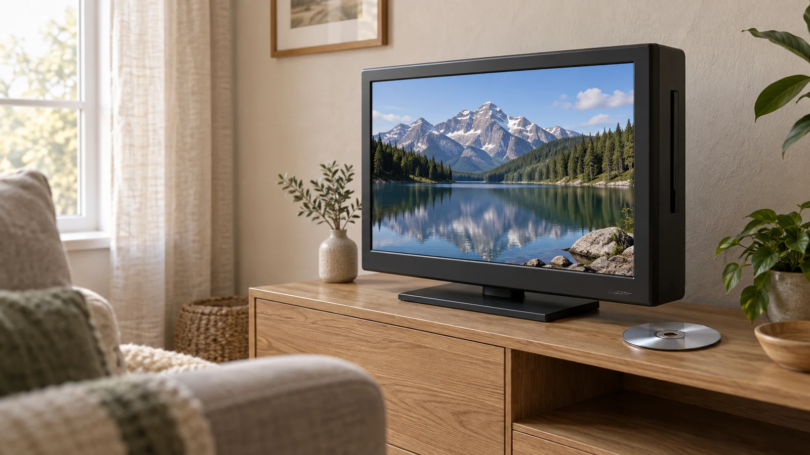 Supersonic SC-3226SDVD TV DVD combo: A television displays a mountain lake beside a silver disc on a wooden cabinet.