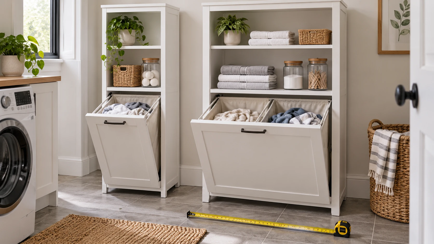 tilt-out laundry cabinet purchase fit illustrated by two white cabinets with open hamper fronts, shelves and a measuring tape on a compact laundry-room floor.