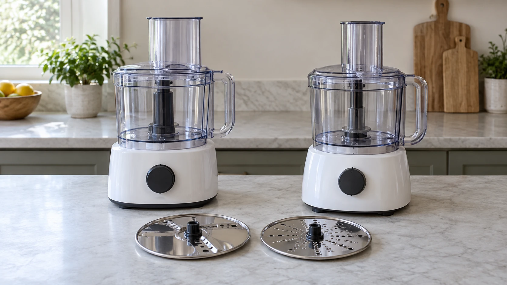 Food processor disc inventories and bowl storage represented by two complete generic unpowered processors with empty bowls beside separate illustrative discs; not exact retail models, supplied inventories or an approved storage setup.
