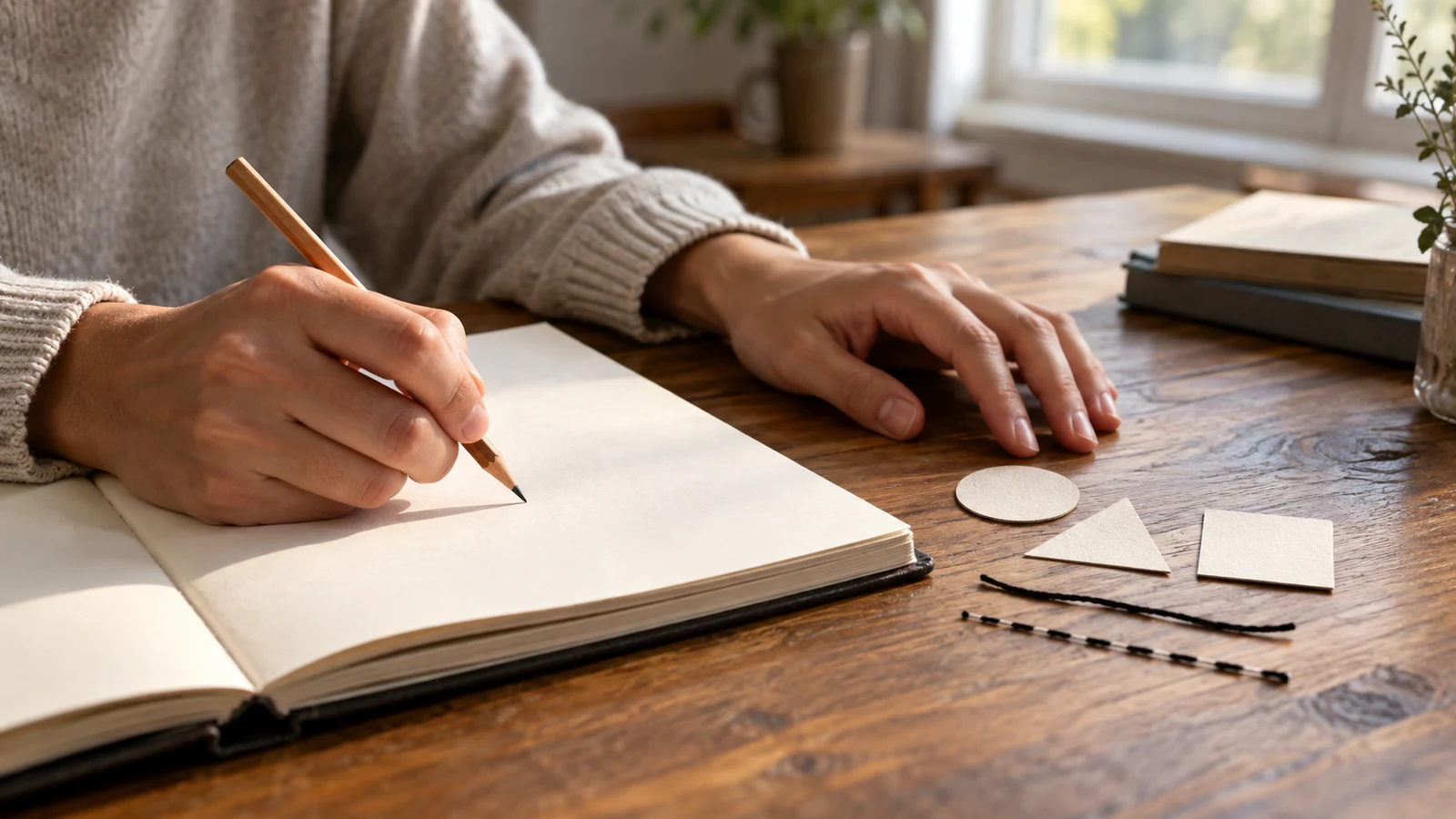 figure legend writing: A person holds a pencil over a blank notebook beside paper shapes and thread on a wooden desk.