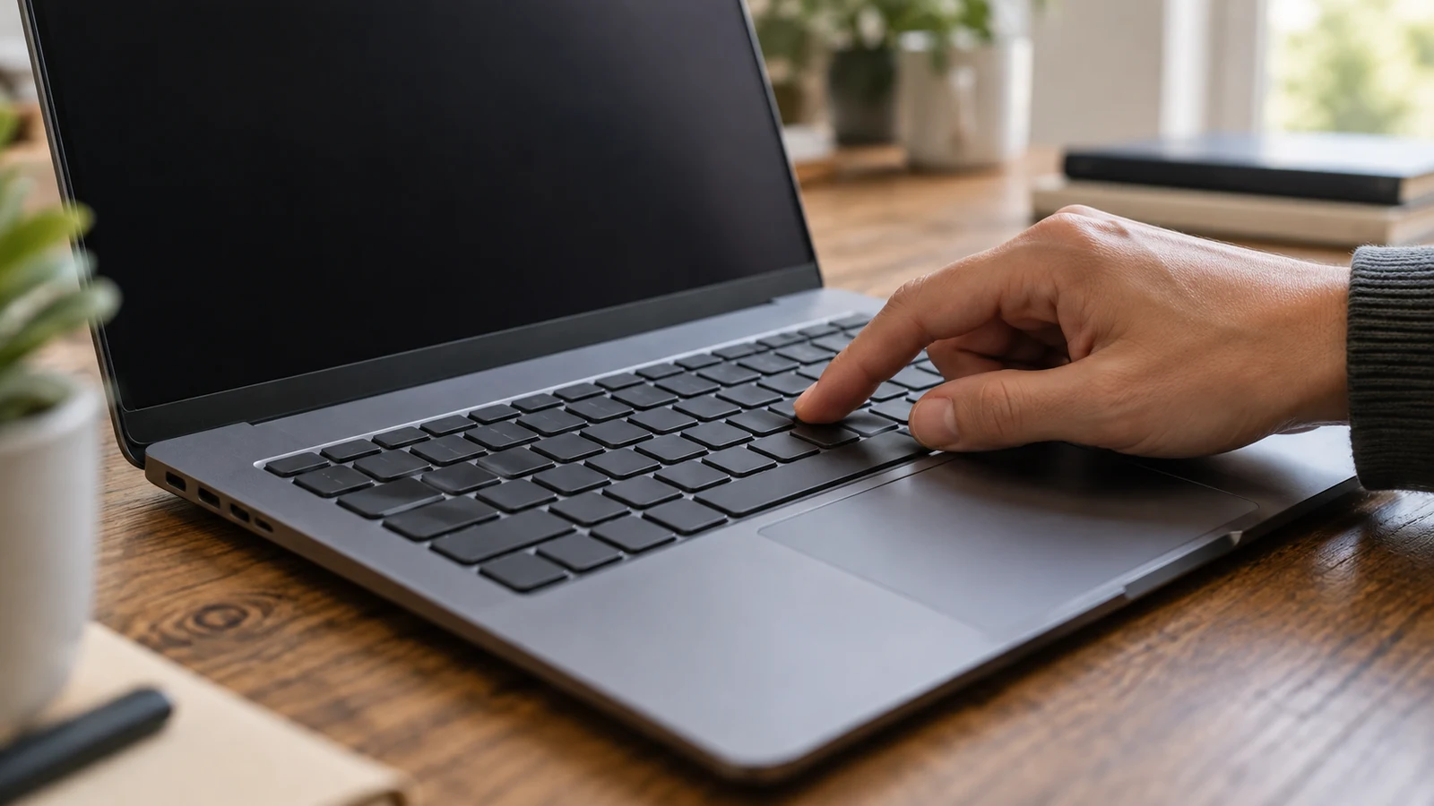 Dell Inspiron keyboard checks: A hand presses a key on an unbranded laptop on a wooden desk.