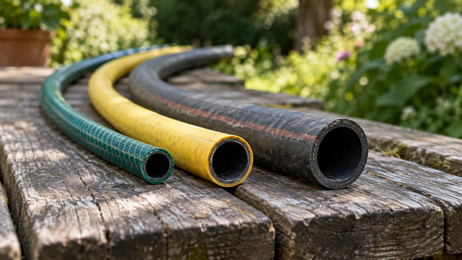 hose size comparison: Three hoses with different opening diameters rest on a weathered wooden bench.