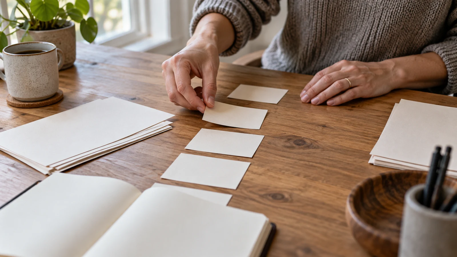 reverse outlining: A person arranges blank paper cards in a row on a wooden desk beside an open notebook.
