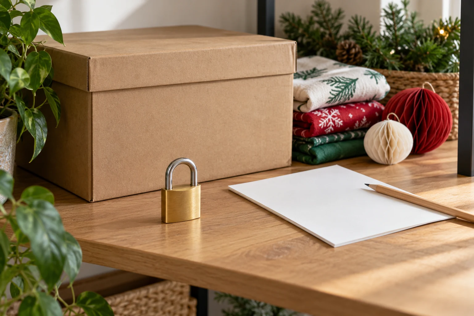 A holiday storage access plan sets an idle padlock beside a seasonal collection and a blank visit note while permission and dates remain to be agreed.