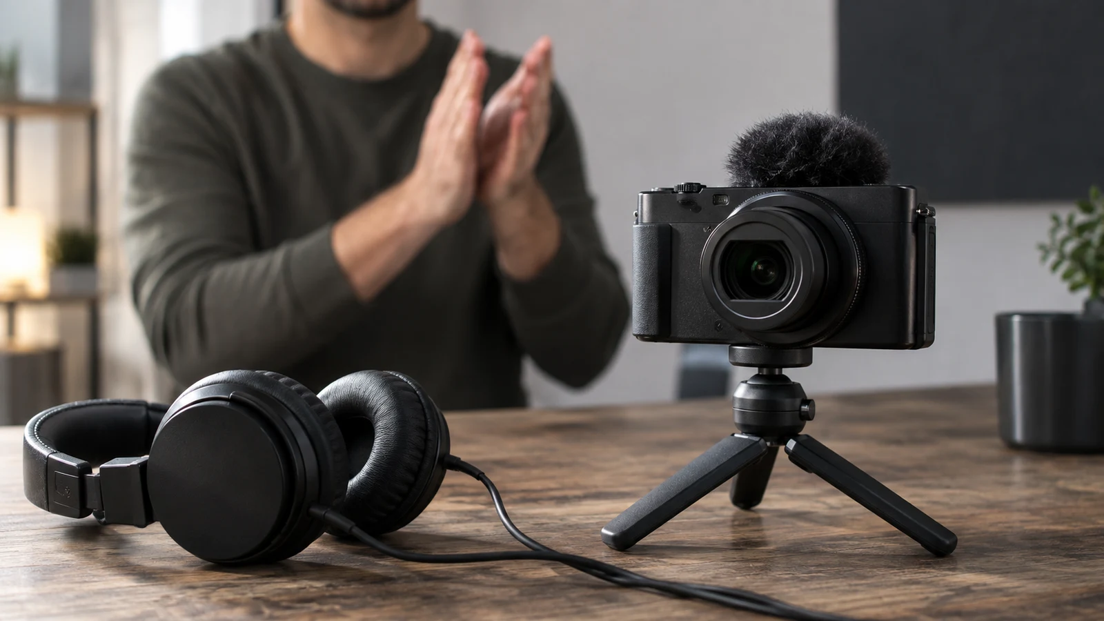 Sony ZV-1 II audio sync checks: A person holds their hands near each other behind a compact camera and headphones on a wooden table.