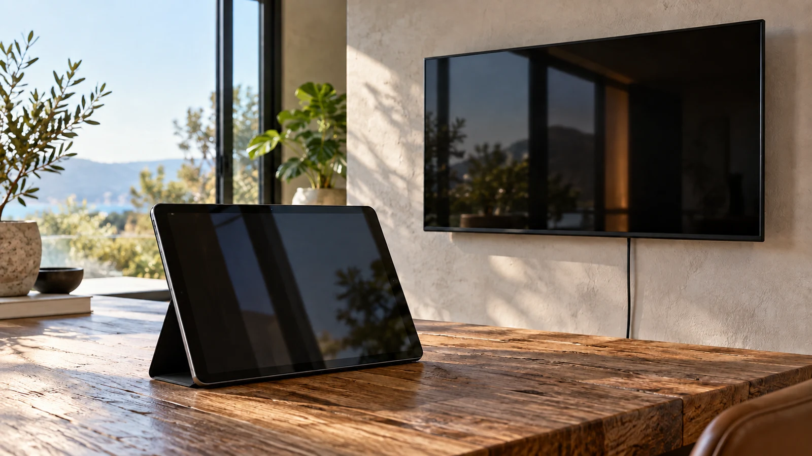 Fusion5 Windows 11 tablet: A tablet rests on a wooden table beneath a dark wall-mounted display.