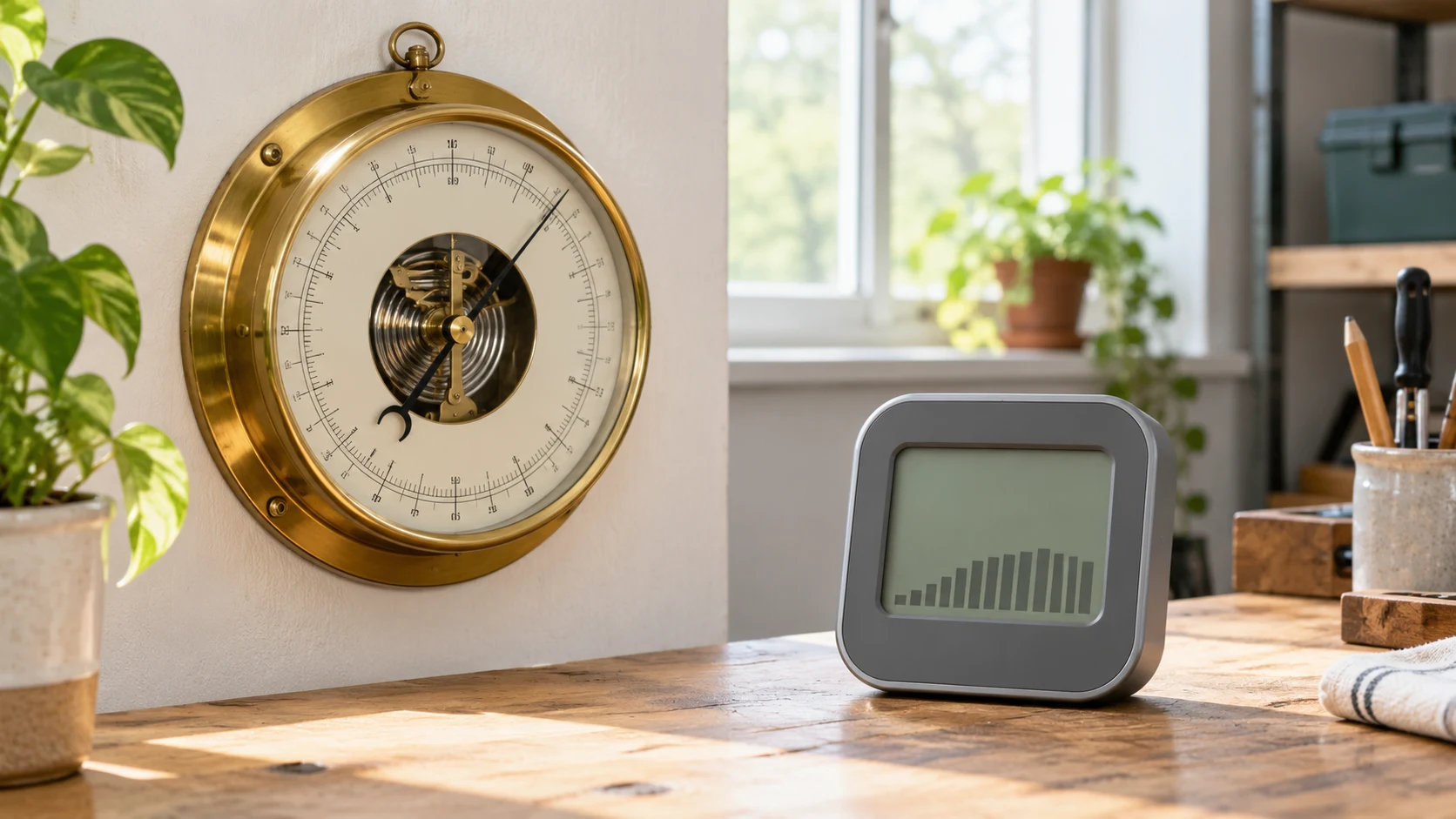 Comparing an analog versus digital barometer with a brass dial on a wall and a gray electronic display on a workbench.