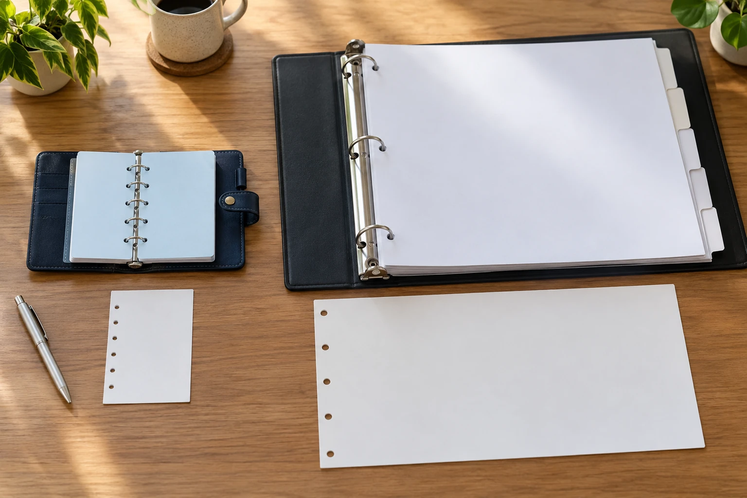 Binder divider tabs visible on large white landscape sheets beside a smaller blue six-ring planner with plain partition pages.