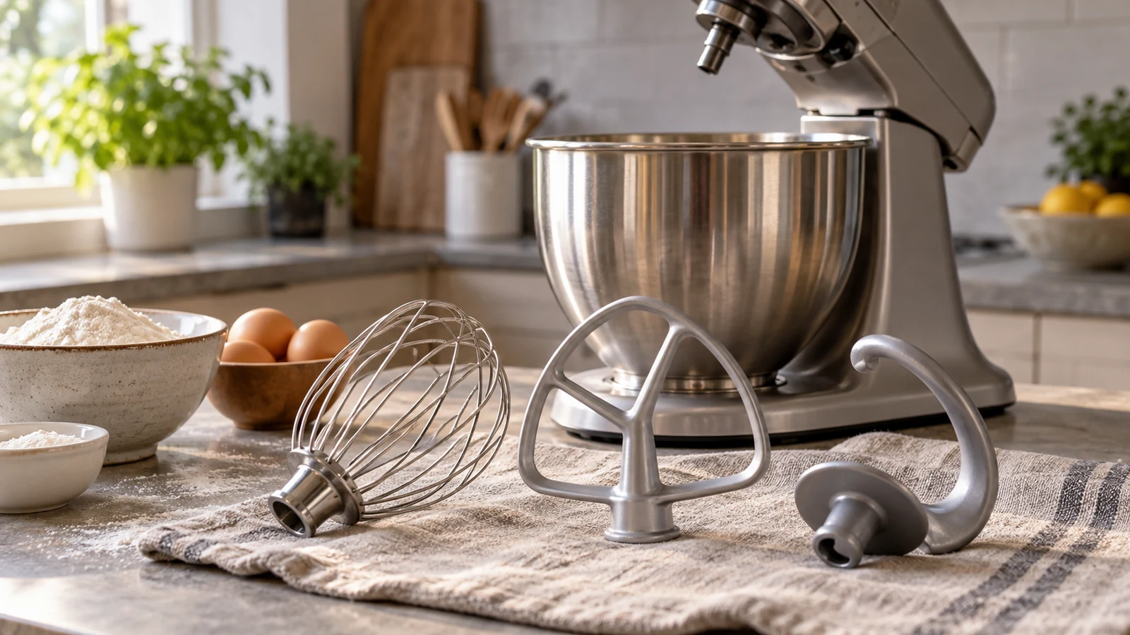 stand mixer attachment selection: A whisk, paddle and dough hook rest on a cloth beside a stand mixer on a kitchen counter.
