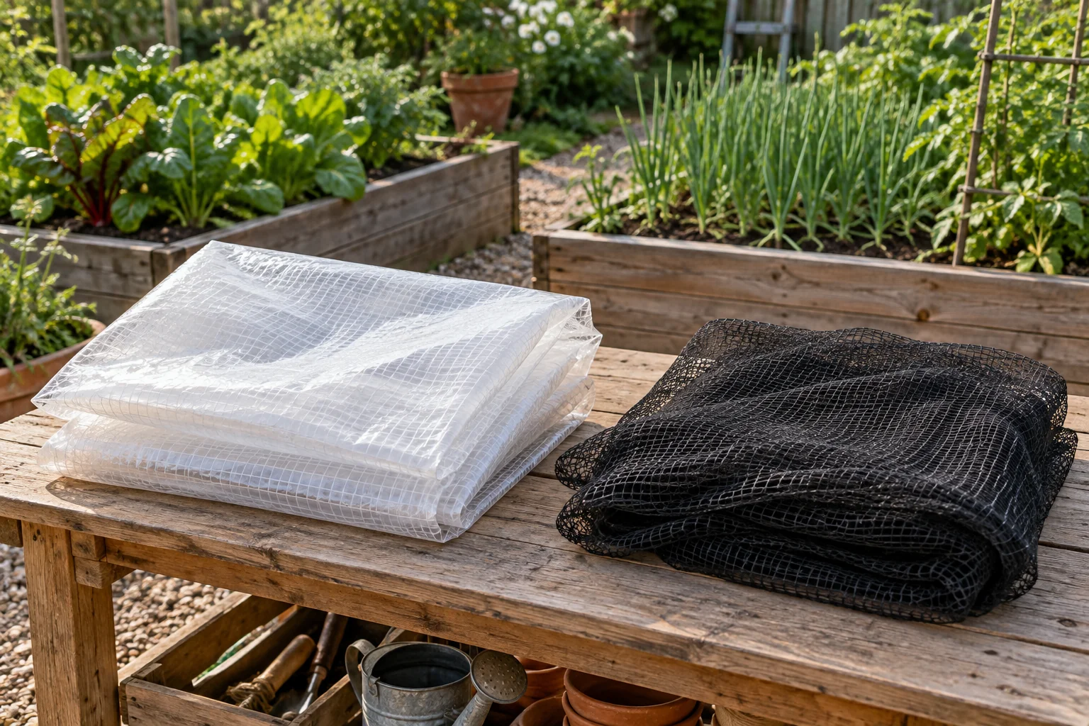 Conceptual plant cover compatibility scene with separate generic plastic and mesh covers beside raised garden beds.