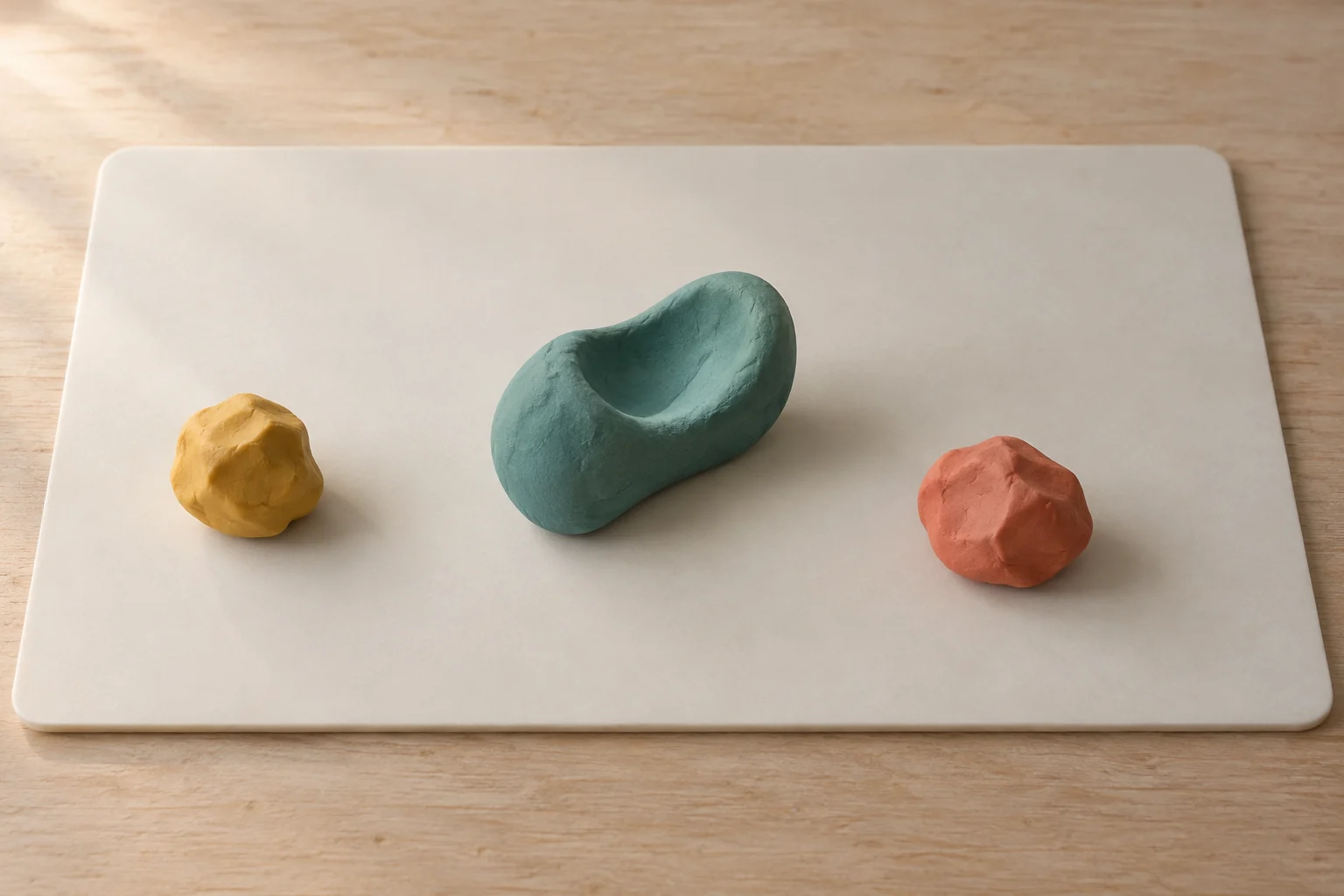 Conceptual shared clay handoff with a whole teal abstract clay form and two colored clay lumps on a fully visible pale work surface.
