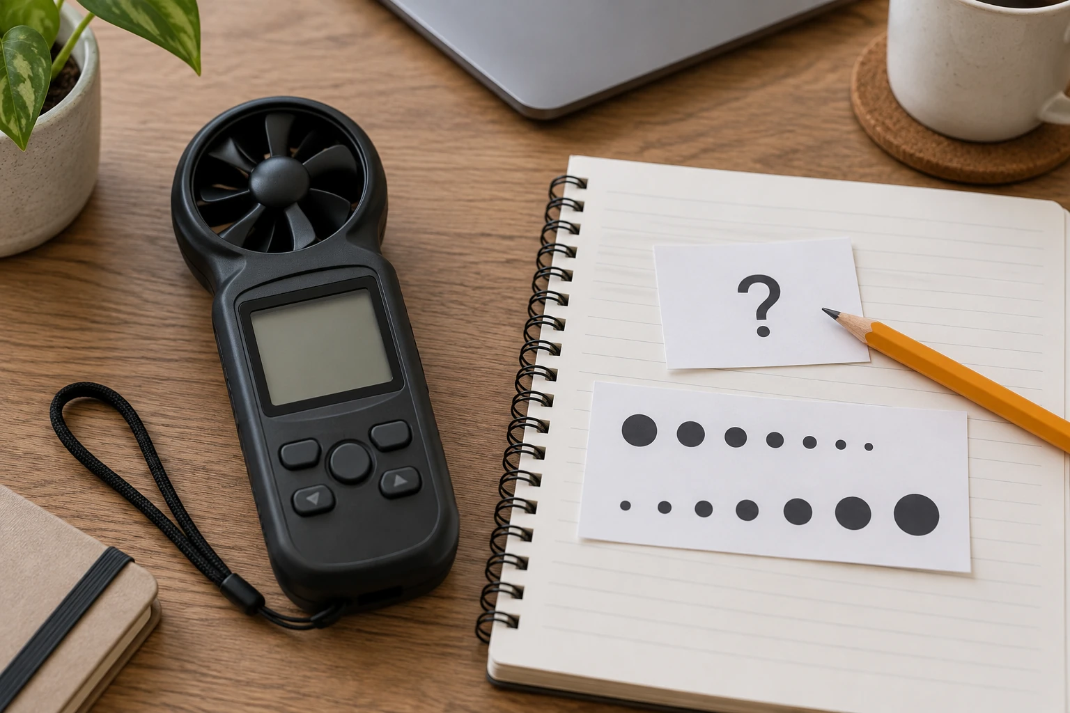 Anemometer value seems stuck illustrated by a user checking a mode note beside a generic wind meter and a separate paper sequence.