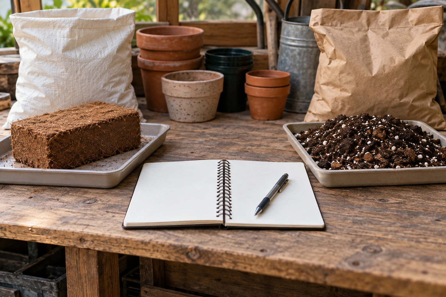 A coir growing medium budget compares an ingredient route with a prepared mix, with a notebook holding the remaining preparation questions.