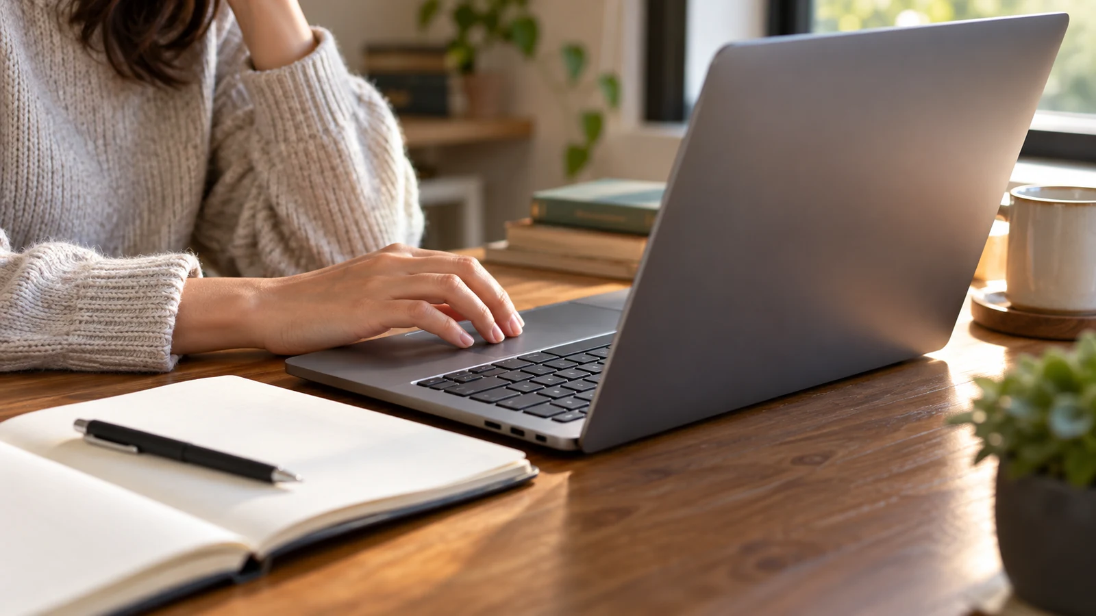 Dell Inspiron PDF text editing: A person rests a hand on an unbranded laptop beside an open notebook.