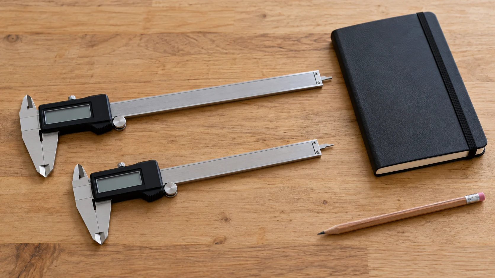 Mitutoyo caliper INC display shown conceptually with two whole generic inactive digital calipers, blank screens, a whole notebook and pencil.