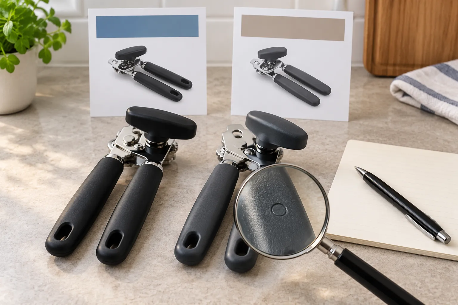 Manual can opener brand mismatch shown as two listing cards beside a close-up of an unexplained handle mark and a seller confirmation note.