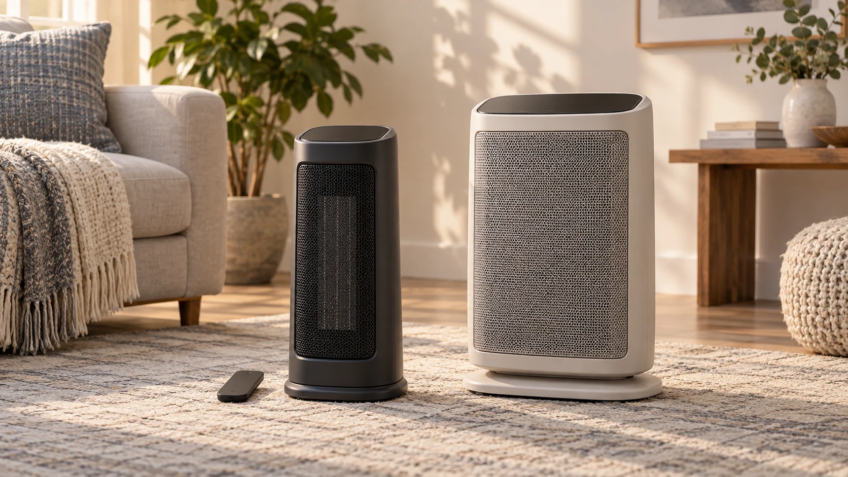 Space heater modes illustrated by two generic switched-off freestanding heaters and a plain remote; not exact retail models, control behavior, approved placement or measured heating results.