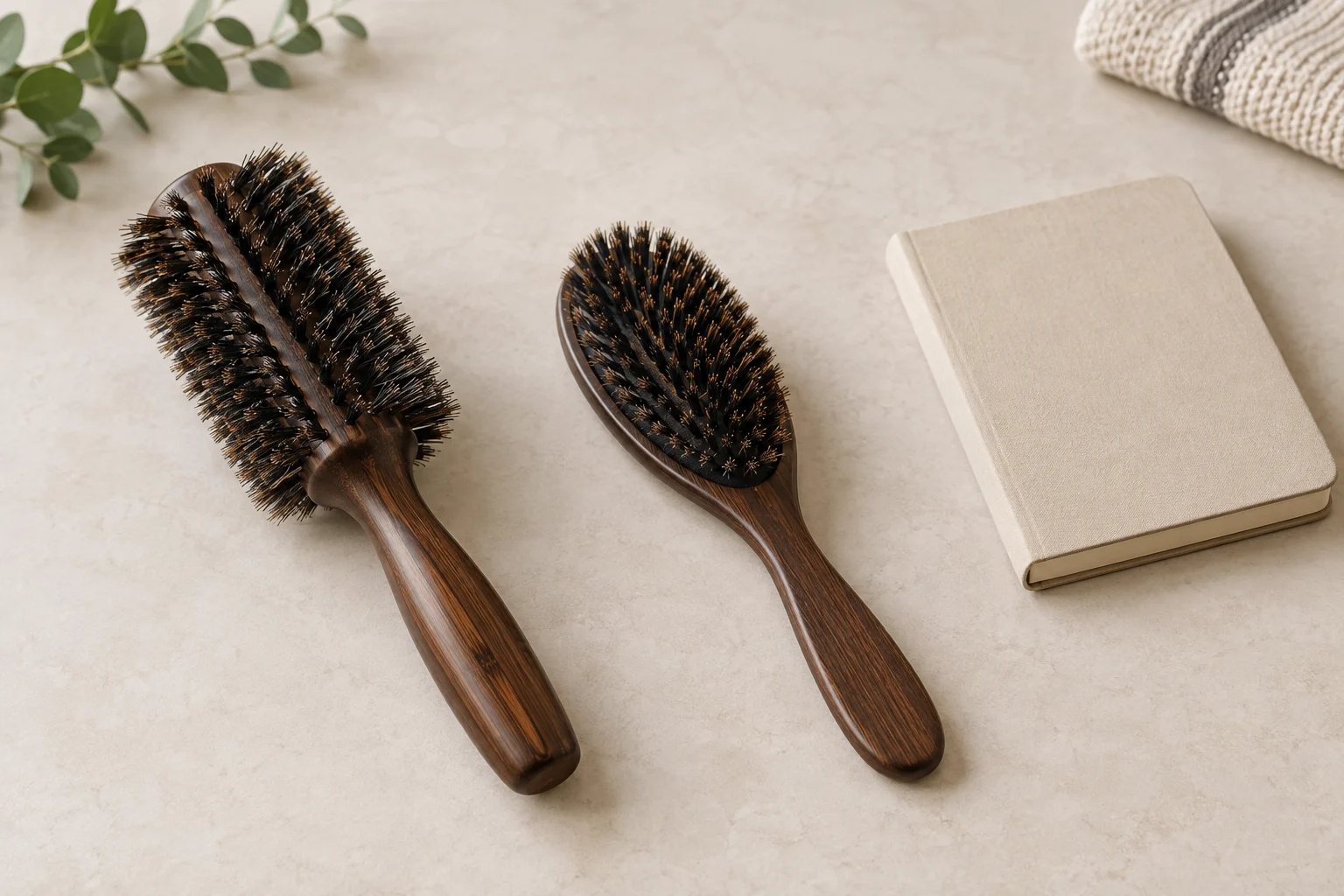 Hairbrush replacement cost concept with two whole generic natural-bristle wooden hairbrushes and a blank closed notebook on a pale tabletop.