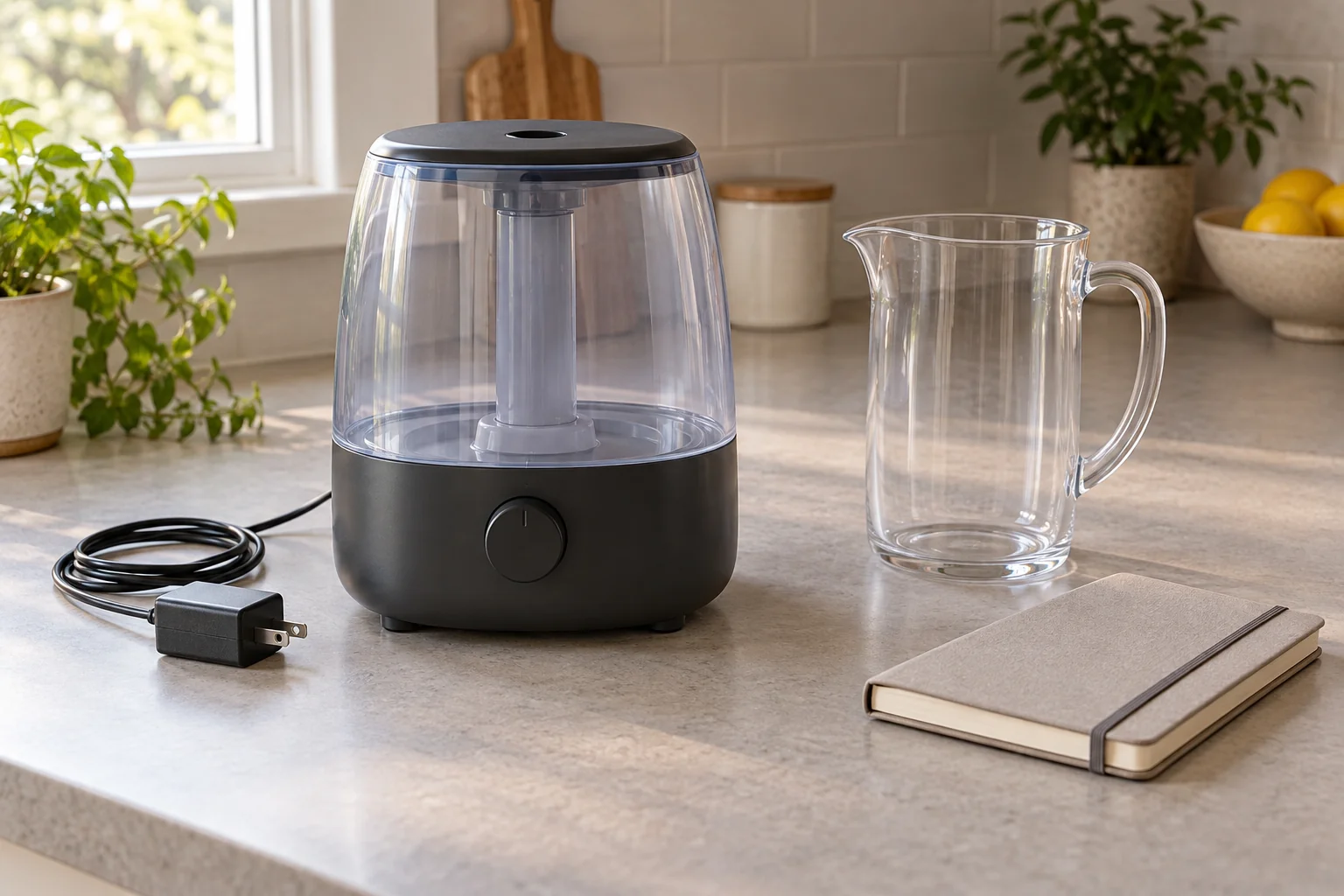 Honeywell HUL585 no mist concept with a whole generic inactive humidifier, a whole empty clear water pitcher and a closed notebook.