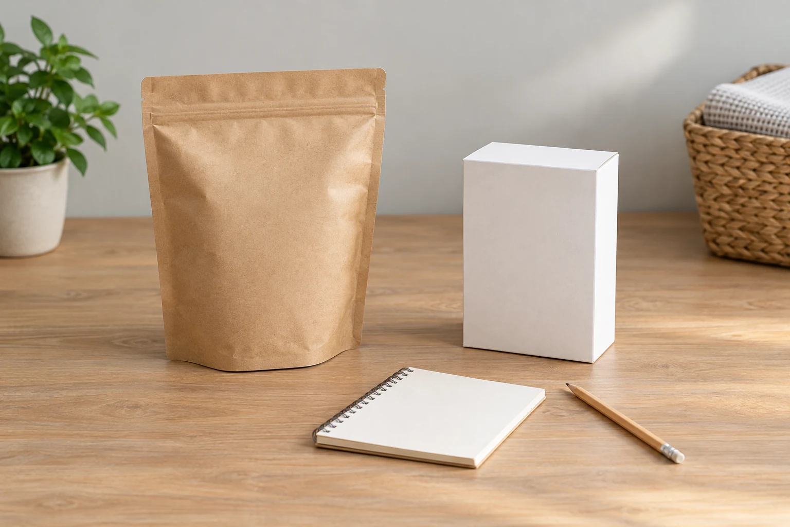 Laundry detergent cost planning with two closed generic detergent containers and a blank notebook on a utility-room table.