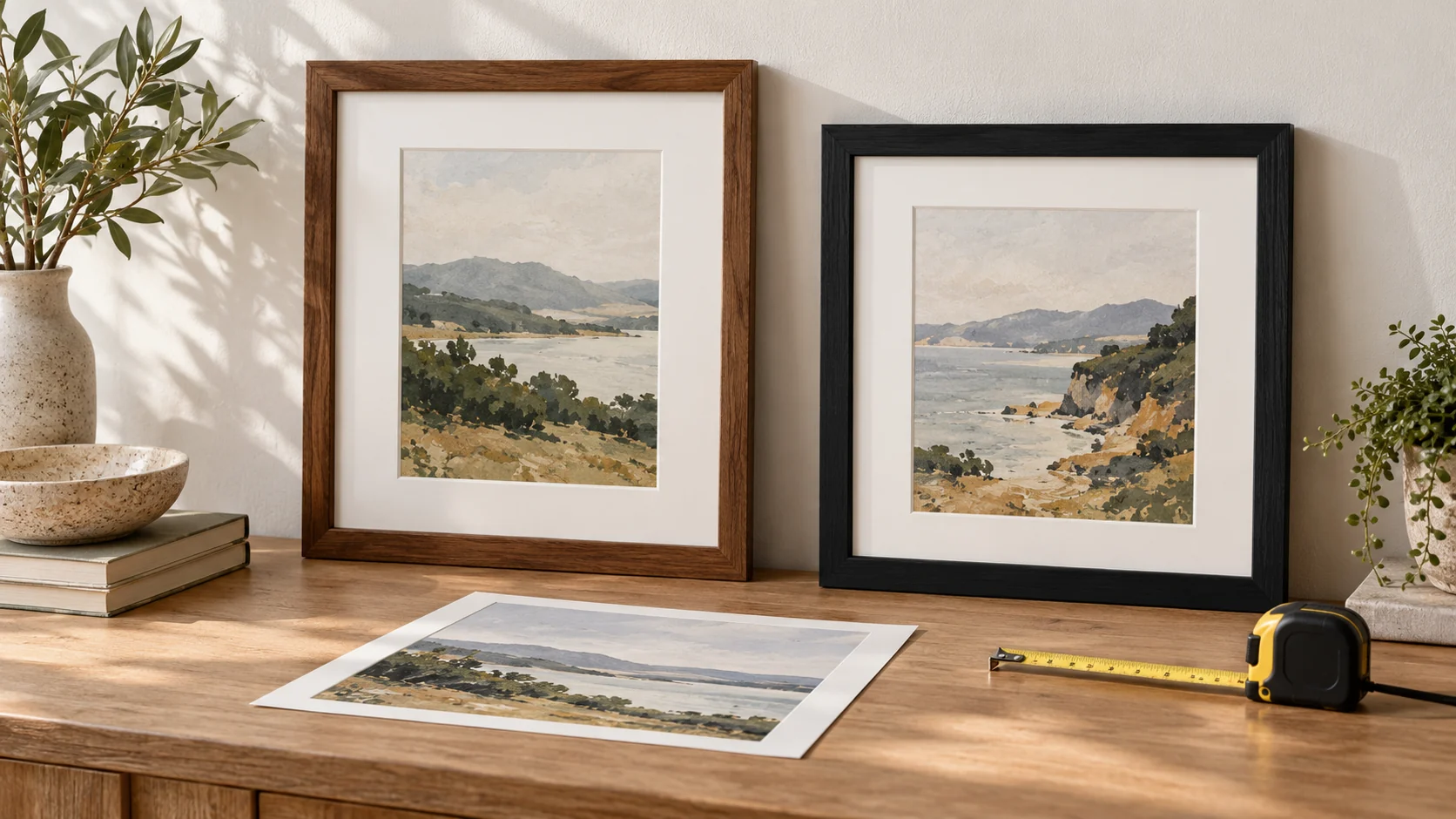 Picture frame sizes compared with artwork, mat openings, and the outside wall footprint of brown and black matted frames.