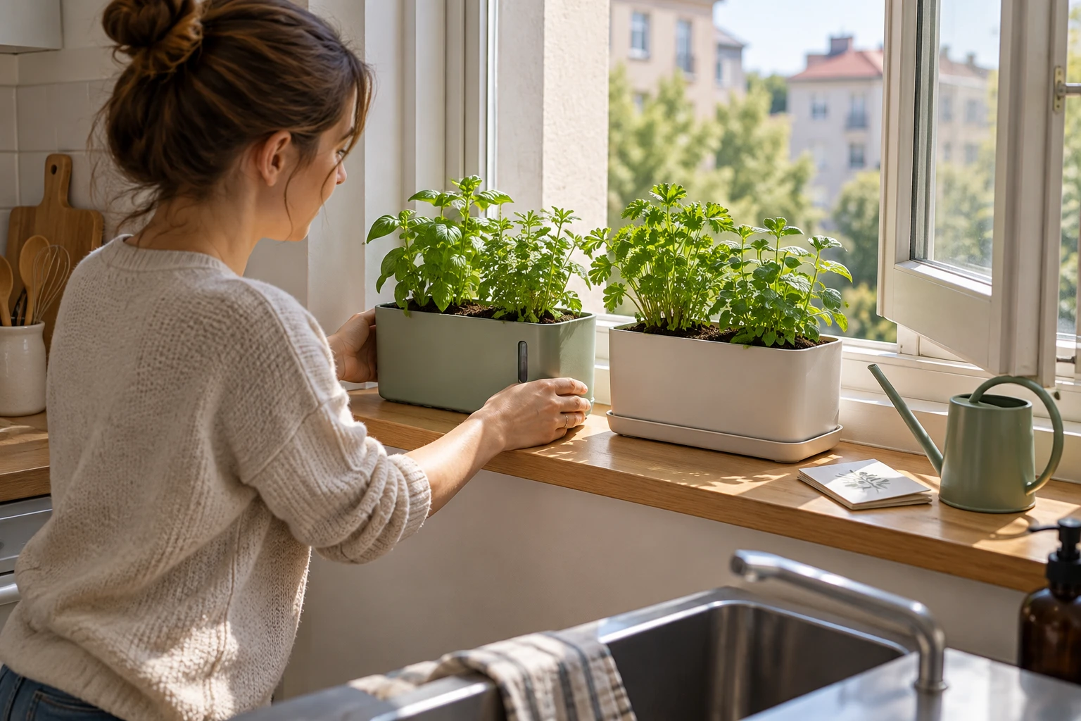 windowsill herb corner ideas shown by arranging two modest planters beside a kitchen window with room to water them.
