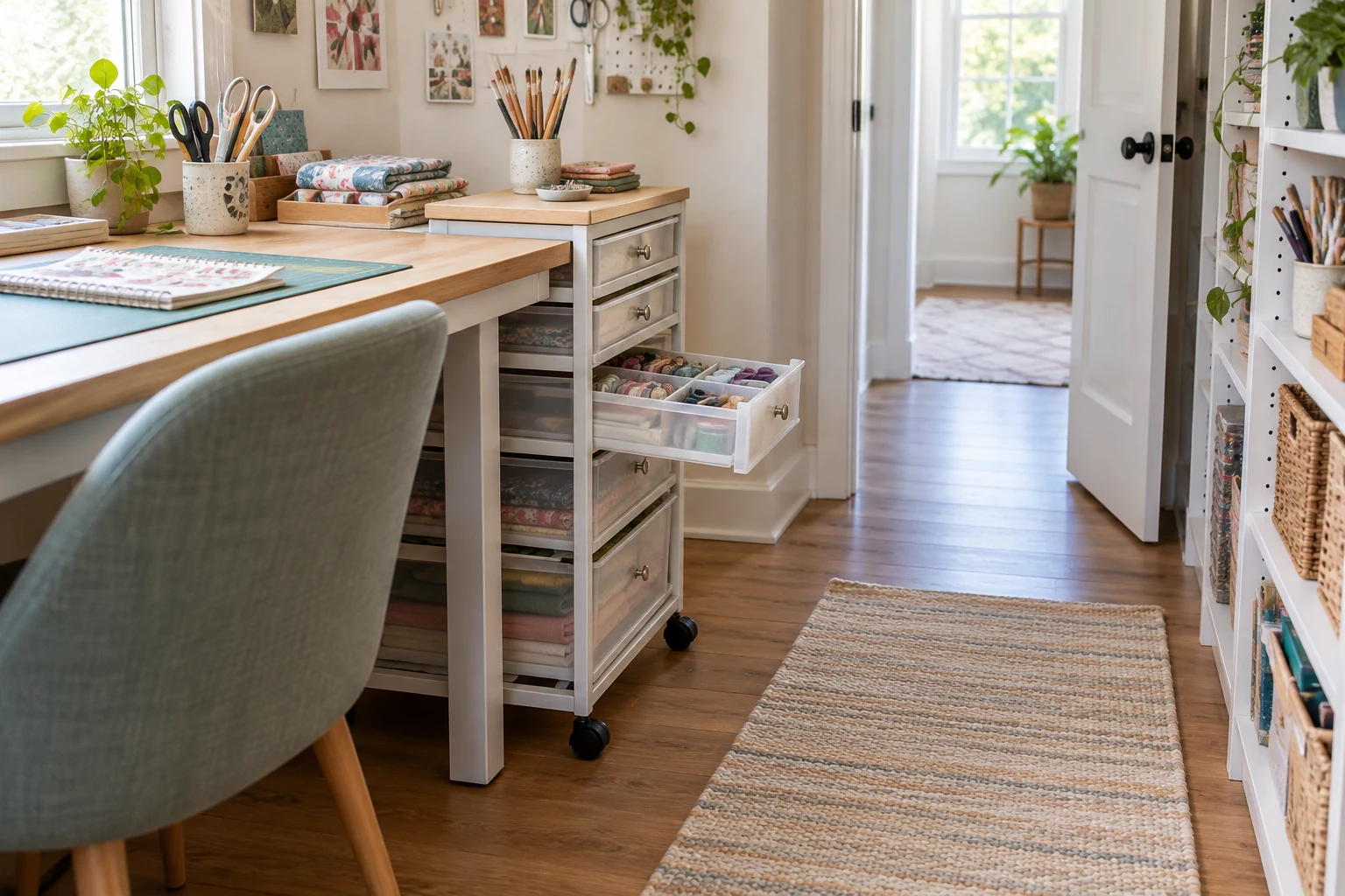 rolling drawer cart placement beside a desk in a narrow room, with an open drawer and a clear walkway to the door.