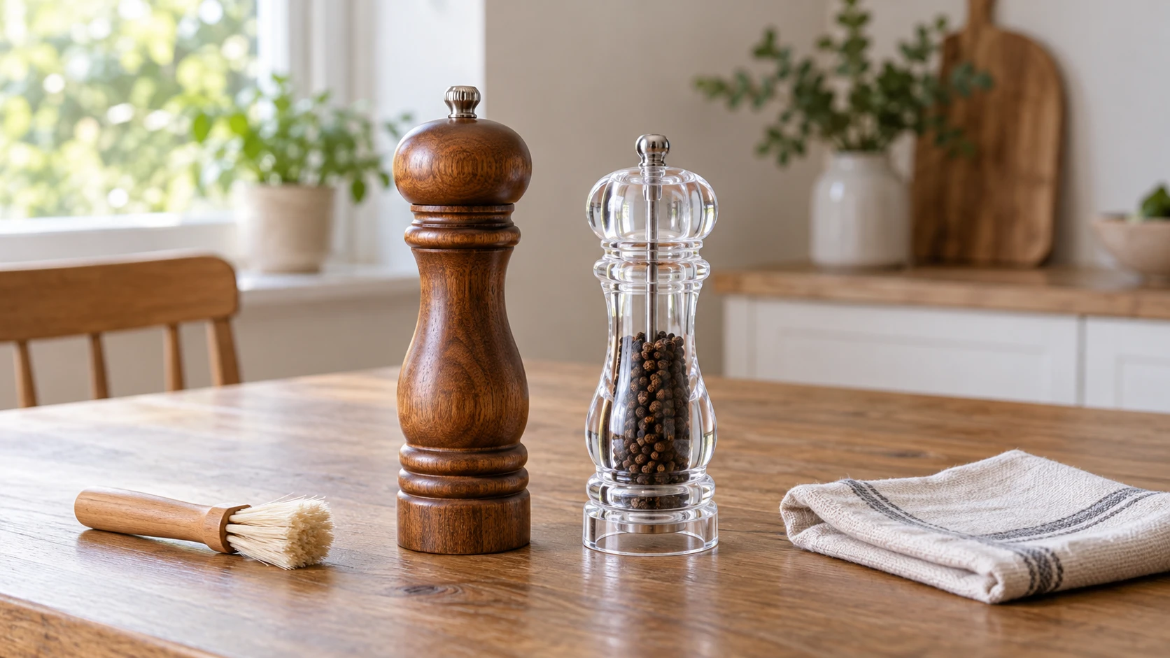 Peugeot pepper mill not grinding concept with two complete generic inactive manual mills beside dry-care props.