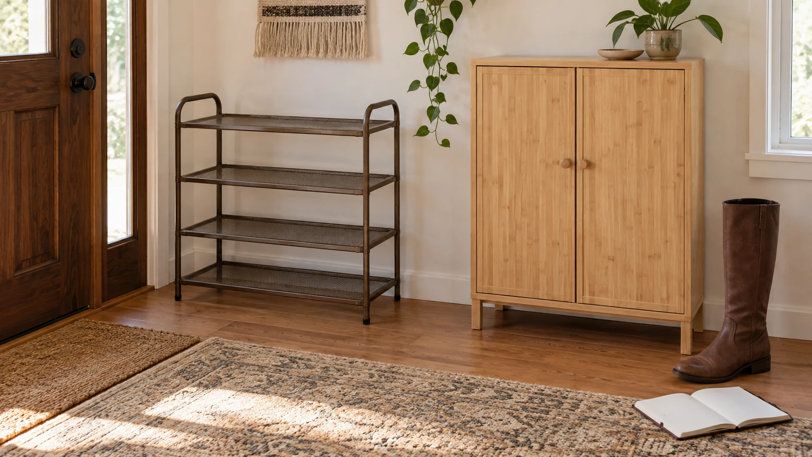 Shoe rack fit for boots represented by complete generic shoe-storage furniture beside a blank notebook; not exact products or verified openings and placement.