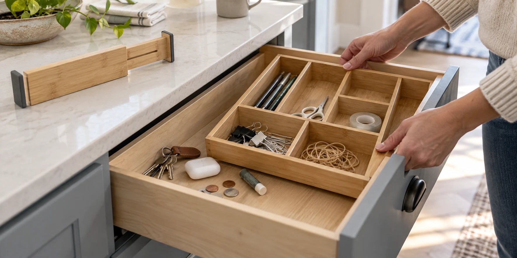 drawer organizer shifting in a partly open drawer, with a bamboo tray slightly askew and an adjustable divider set beside it for checking.