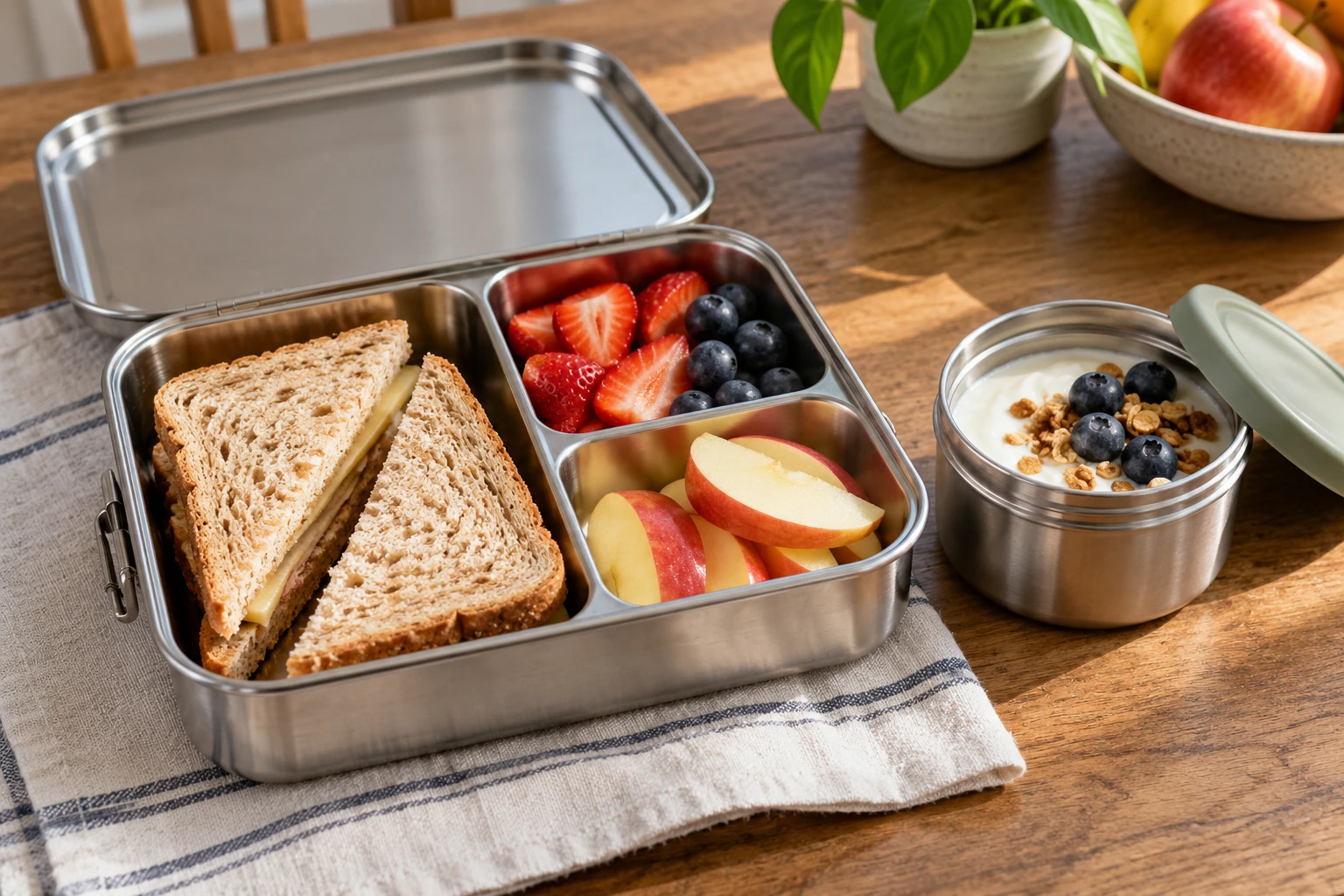 lunch box food compartments with a separate lidded container for wet food beside a divided stainless tray.
