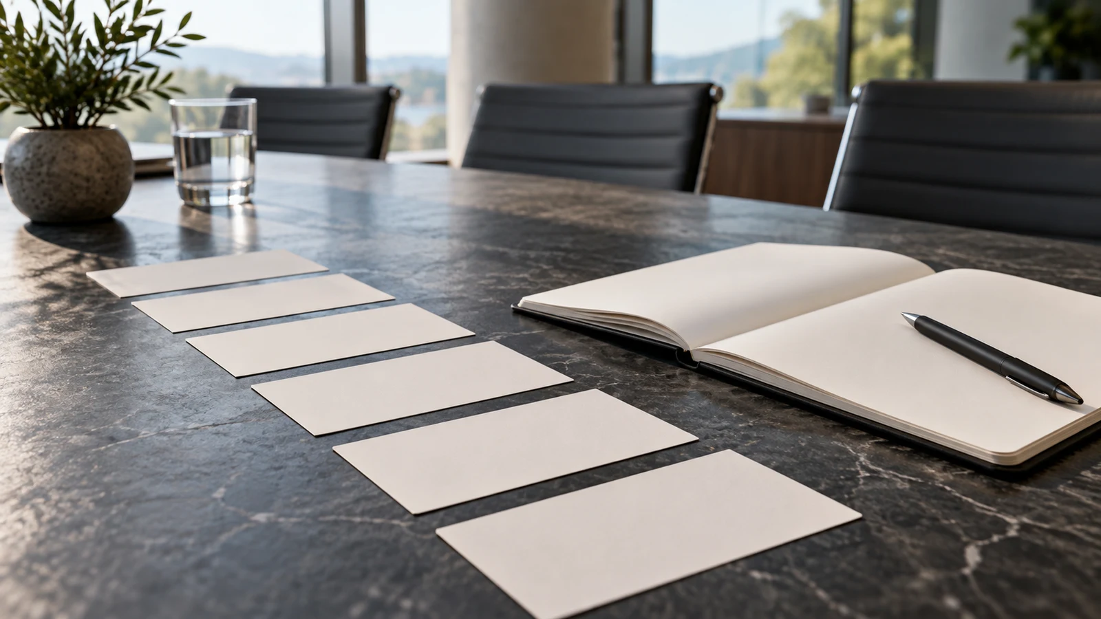 meeting agenda planning: Blank cards line a conference table beside a pen and an open notebook.