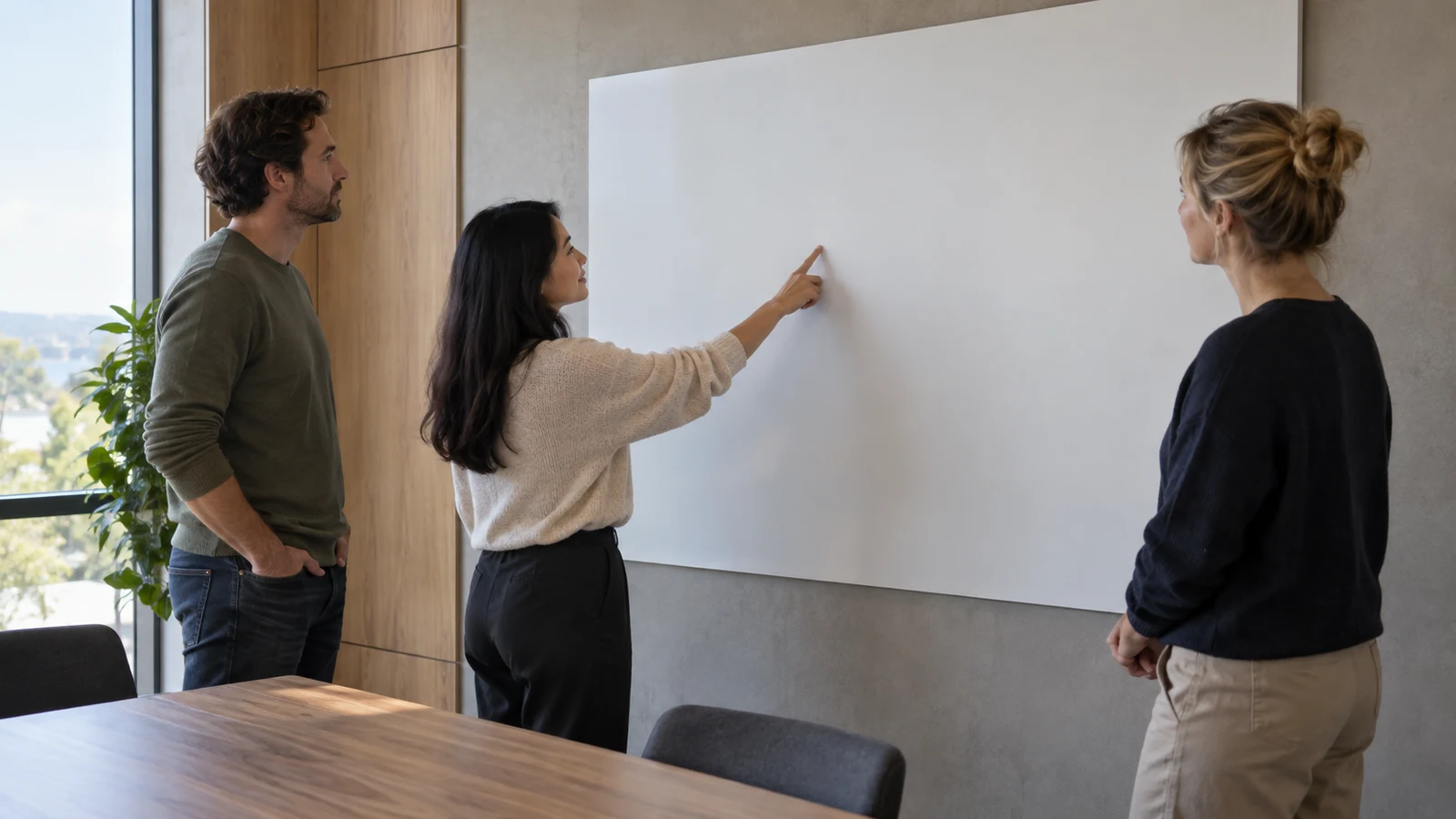 Tiburn HQ Board: Two adults watch as a woman touches a blank wall-mounted board.