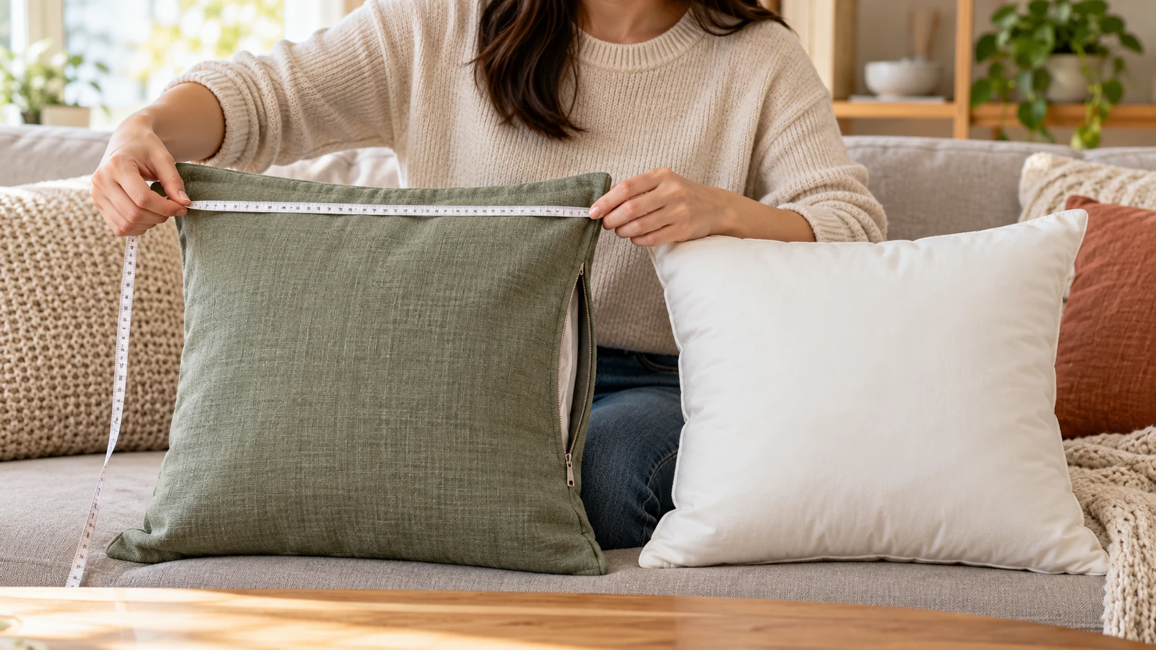 Checking 45 cm pillow cover fit with a measuring tape across a square cover beside a separate cushion insert on a sofa.
