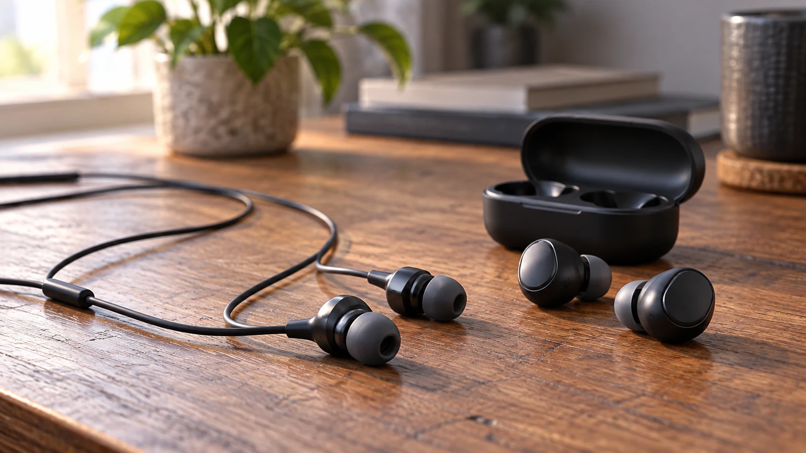 KALORLAN wired earbuds: Wired and wireless earbuds sit beside an open charging case on a wooden desk.
