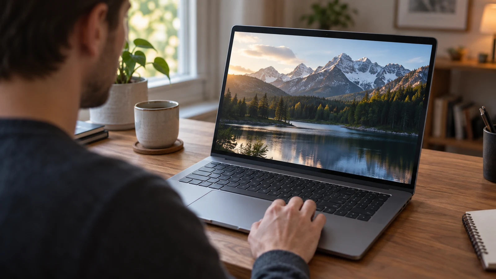 Dell Inspiron subtitle playback: A person sits at a wooden desk with a laptop displaying mountains and a lake.