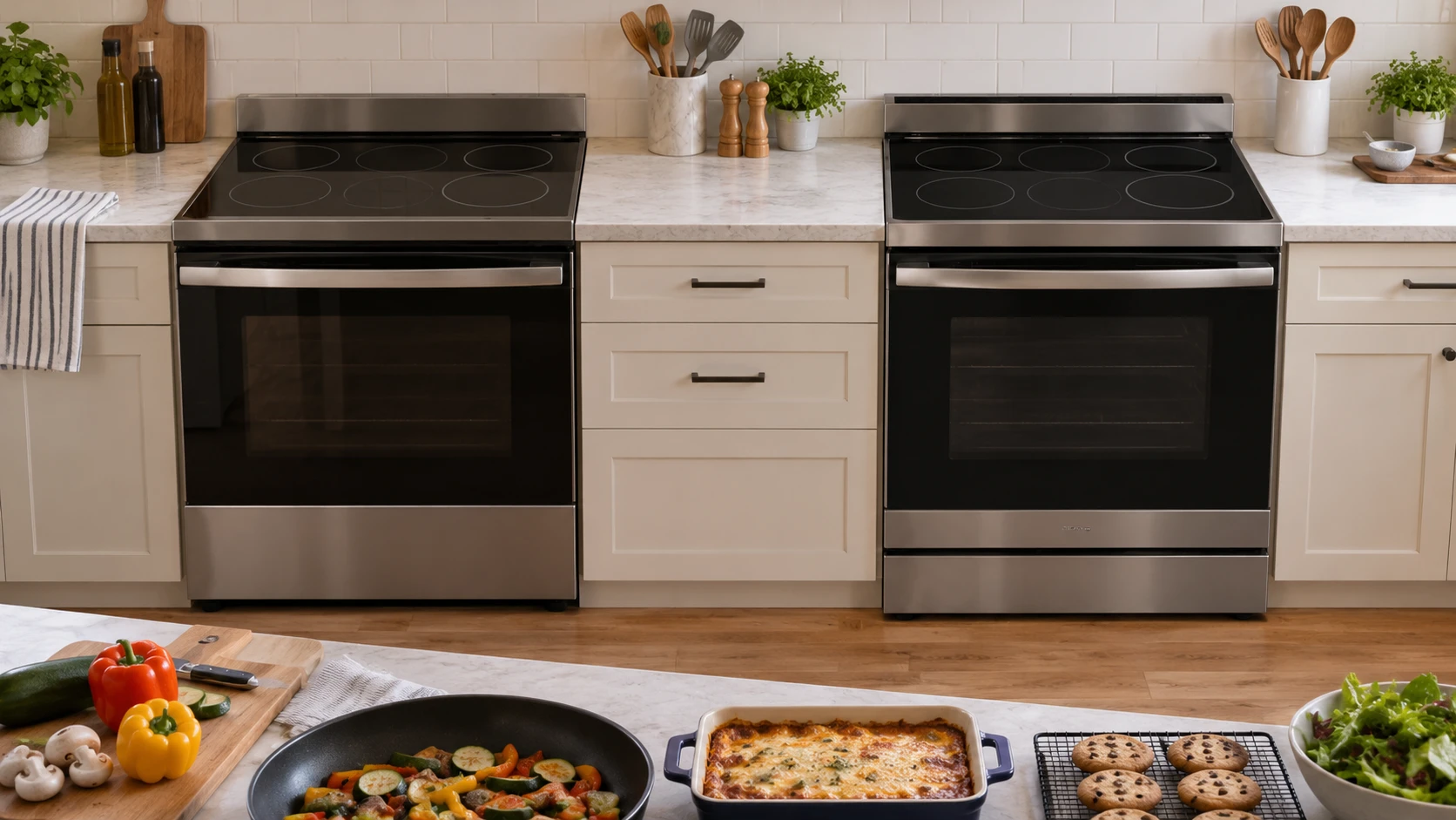 For Whirlpool WEE745H0LZ electric range, weigh cooktop elements, oven modes, controls, pan fit, cleaning, and installation information.