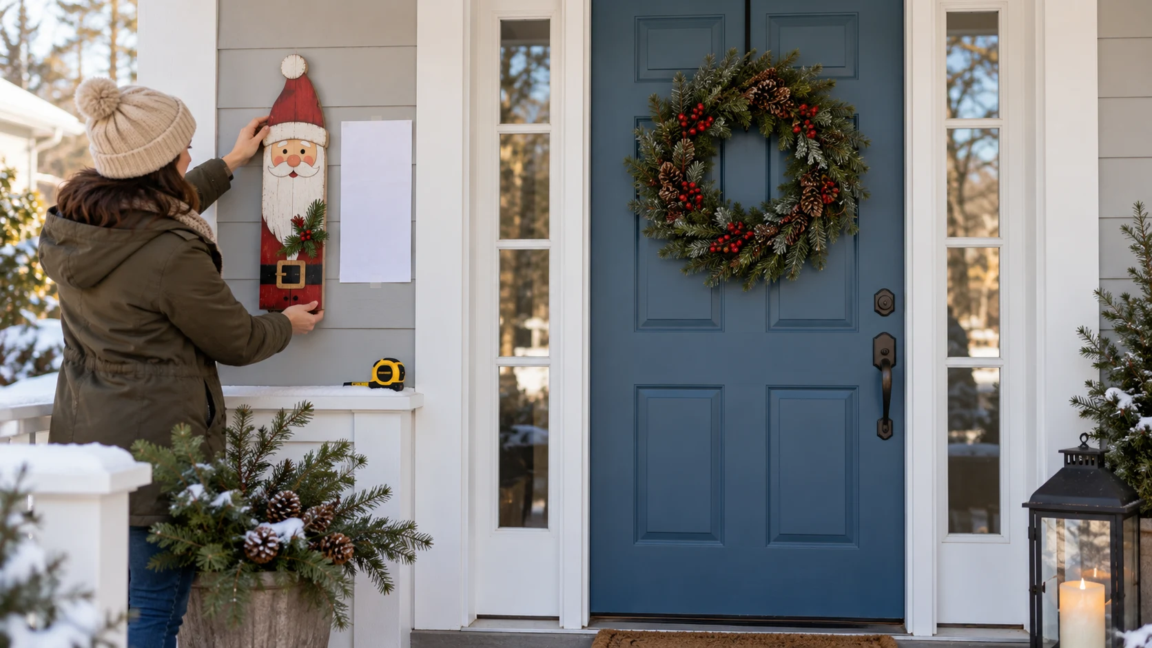 Christmas door hanger size planning shown by a decorative holiday door shape held beside a front door, with a blank paper outline and measuring tape.