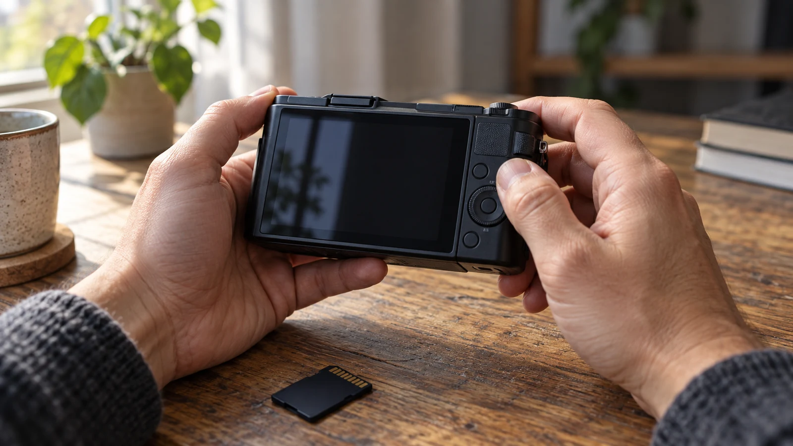 Sony ZV-1 II photo deletion checks: Two hands hold a black camera above a memory card on a wooden desk.
