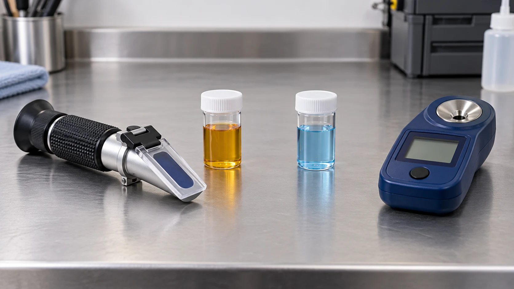 Checking a wrong refractometer scale by comparing an optical fluid tester and a digital sample-well meter beside two separate small liquid samples.