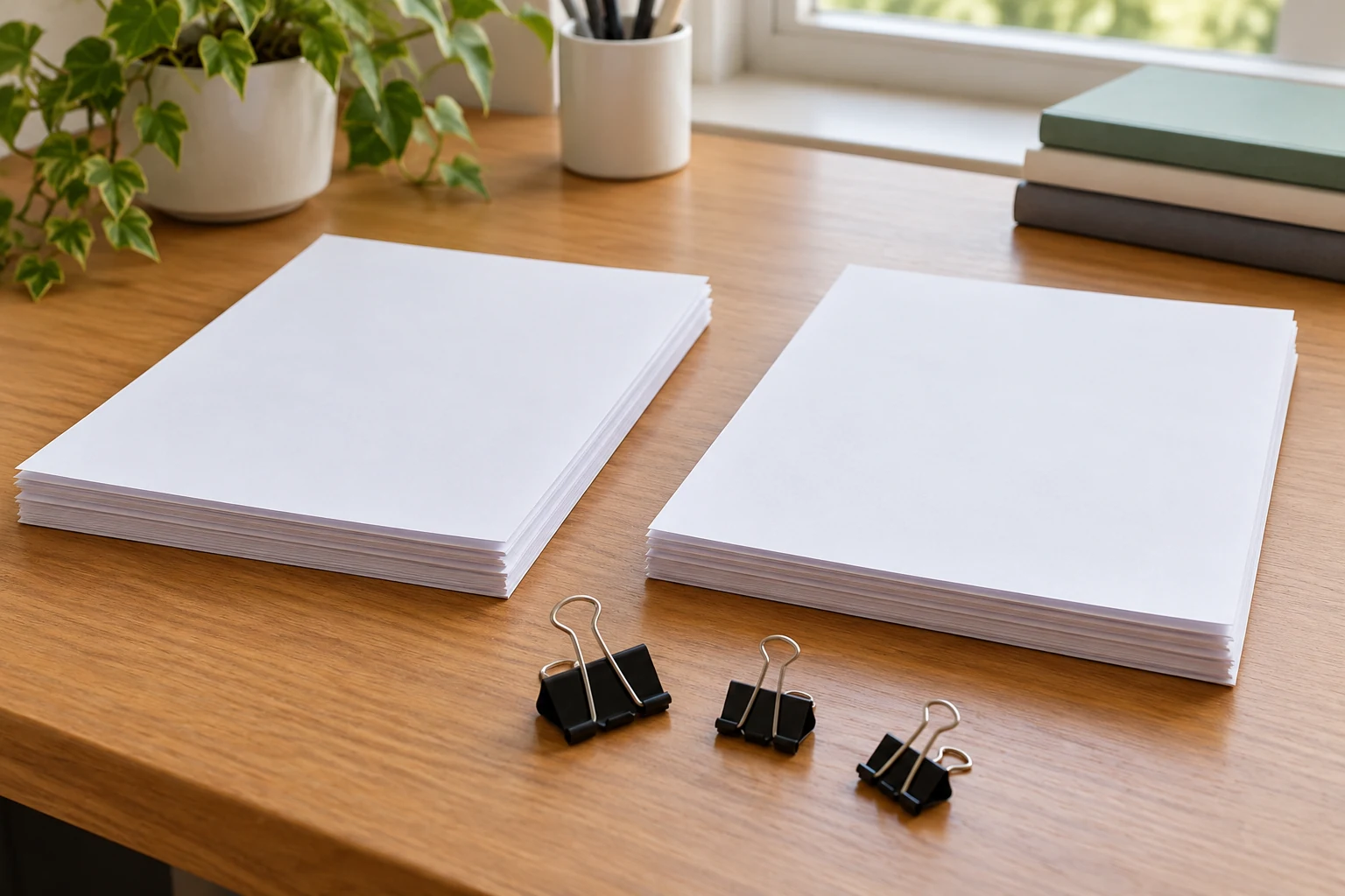 Manuscript packet labels concept with two separate paper drafts, blank cover sheets and whole generic binder clips on a desk, without readable manuscript text or a tested holding arrangement