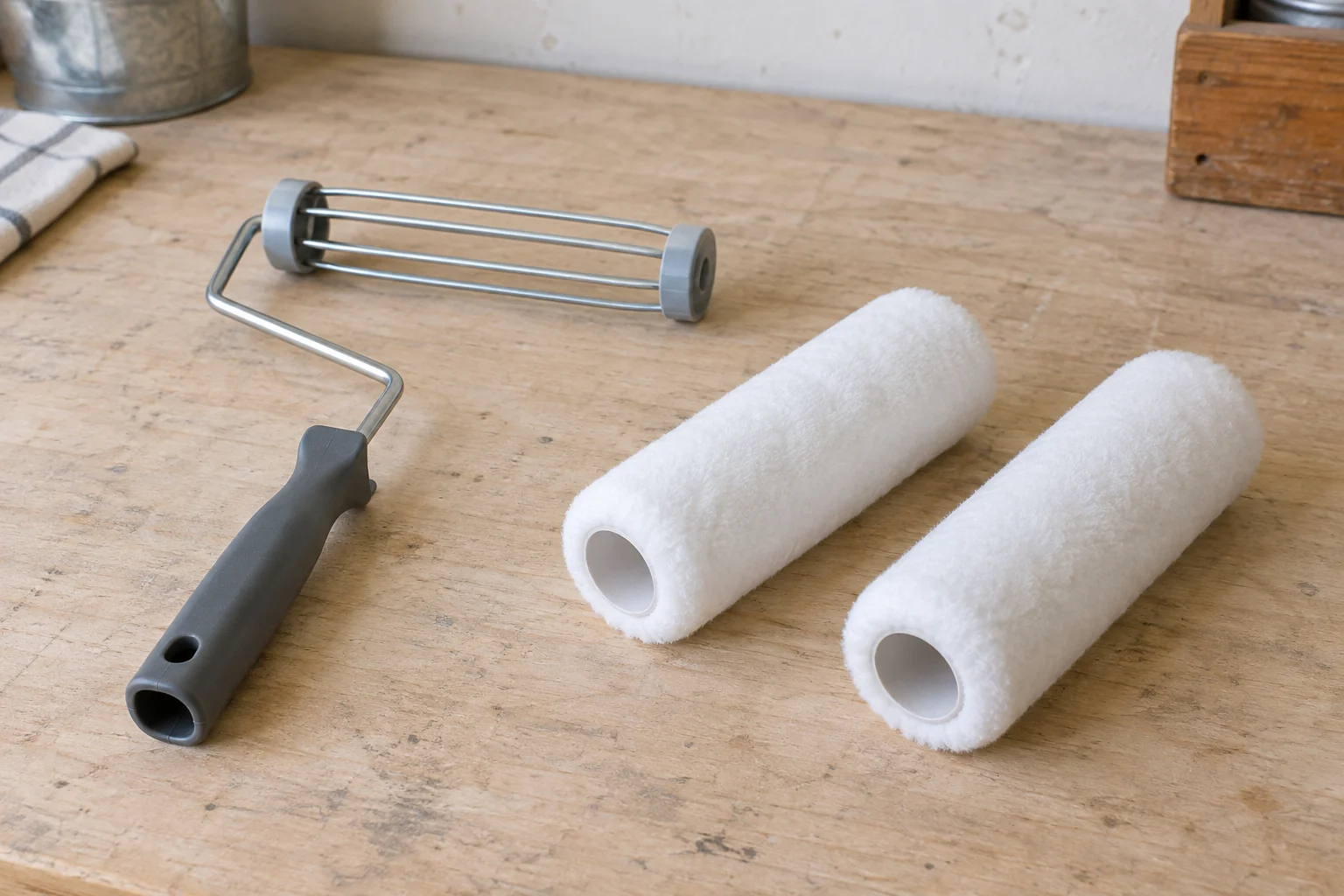 Paint roller cover compatibility concept with a whole generic inactive frame, empty cage and separate plain white covers on a workbench; no measured cores or verified pairing.