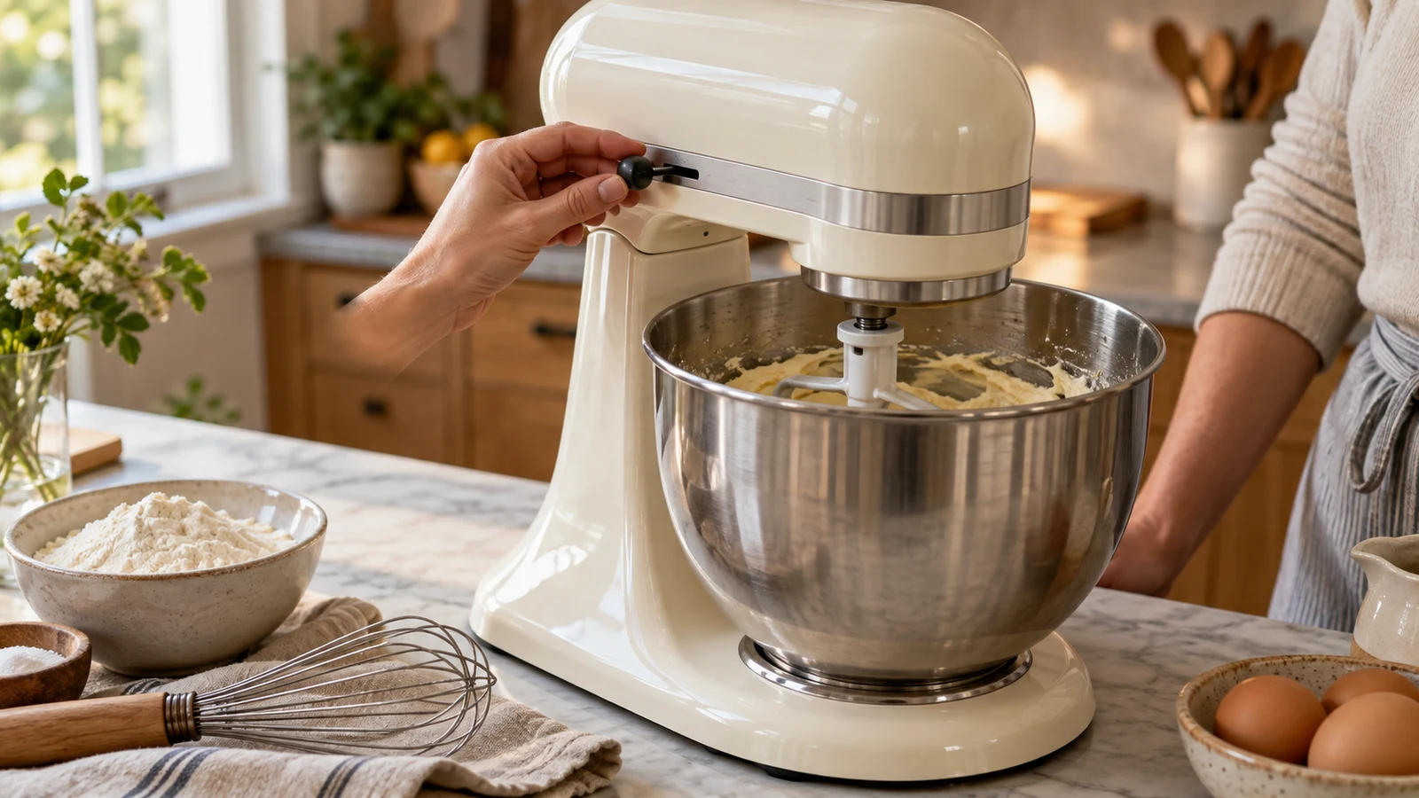 stand mixer speed guidance: A hand touches a cream stand mixer's lever above batter in a stainless steel bowl.